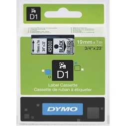 Tape DYMO D1 19mm x 7m sort på klar